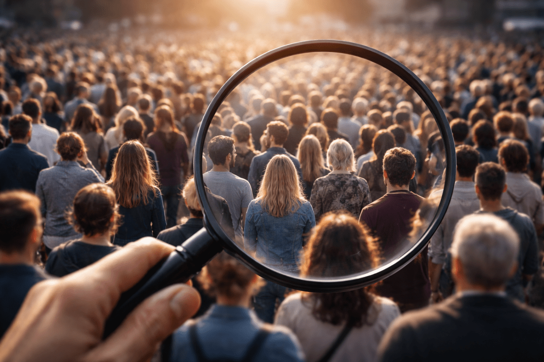 Imagen generada artificialmente con una lupa ampliando a un grupo de personas dentro de una multitud, simbolizando el análisis social y la observación de la realidad colectiva.