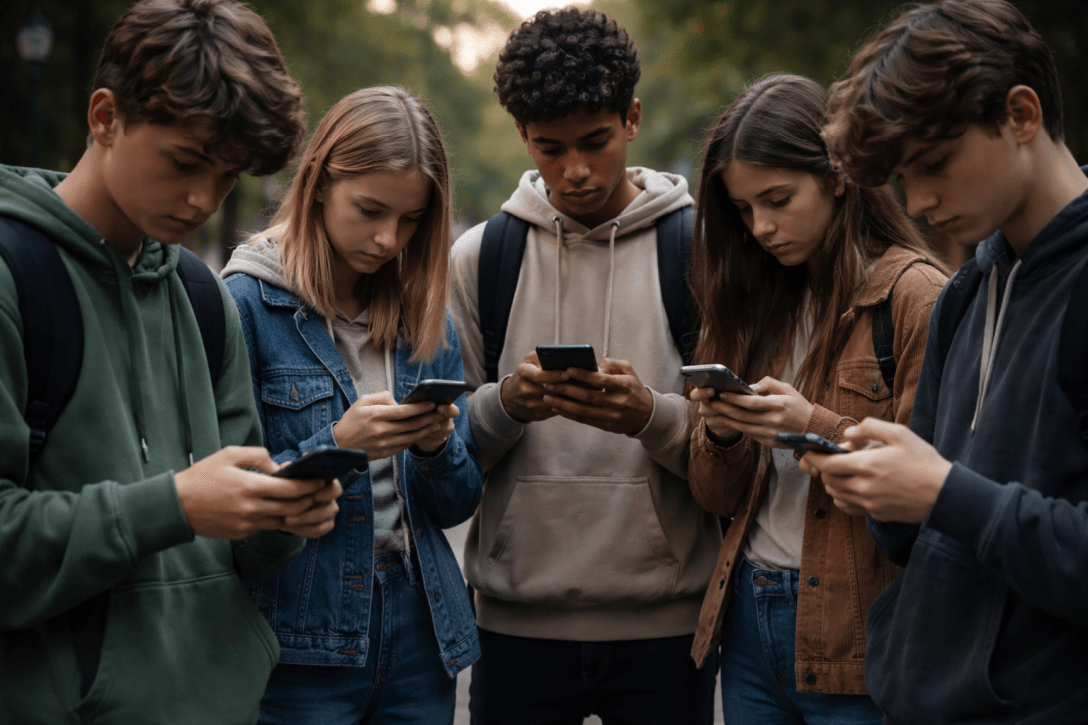 Imagen generada artificalmente que muestra un grupo de adolescentes mirando compulsivamente el móvil.